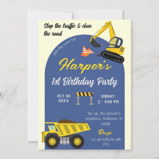 Invitation Simple mignon camion de construction enfants 1er a (Devant)
