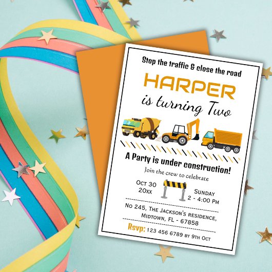 Invitation Simple mignon camion de construction enfants 2e an