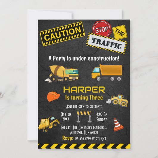 Invitation Simple mignon camion de construction enfants 3e an (Devant)