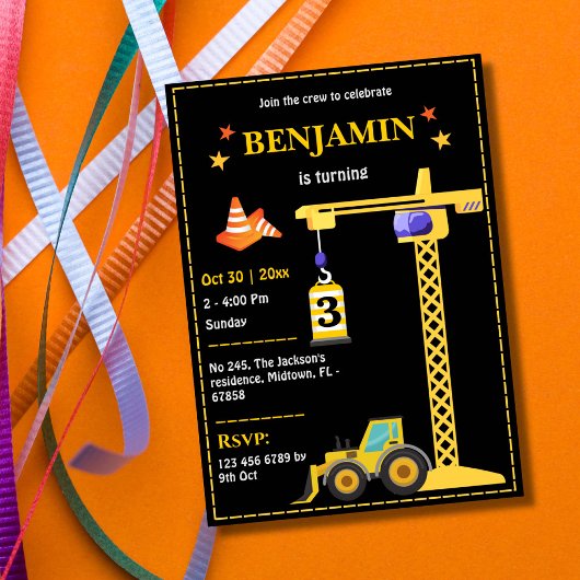 Invitation Simple mignon camion de construction enfants 3e an