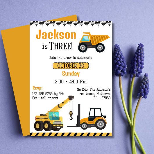 Invitation Simple mignon camion de construction enfants 3e an