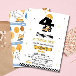 Invitation Simple mignon camion de construction enfants 4e an