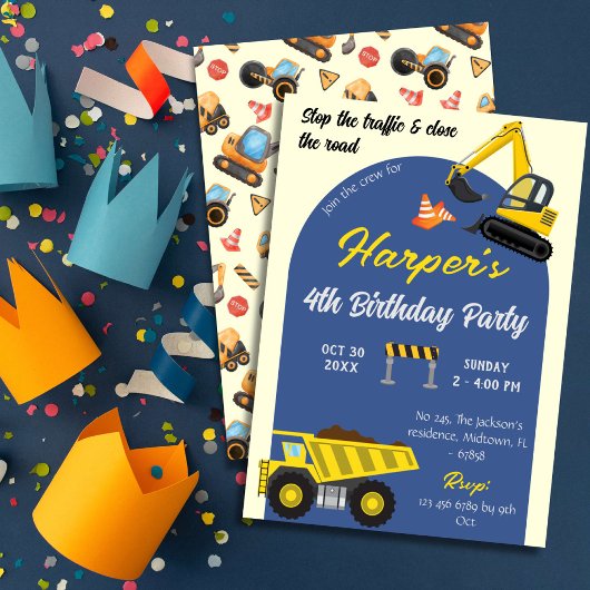 Invitation Simple mignon camion de construction enfants 4e an