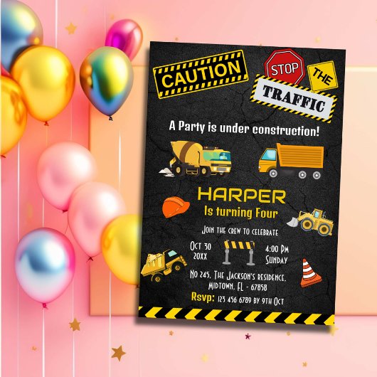 Invitation Simple mignon camion de construction enfants 4e an