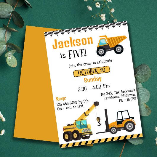 Invitation Simple mignon camion de construction enfants 5e an