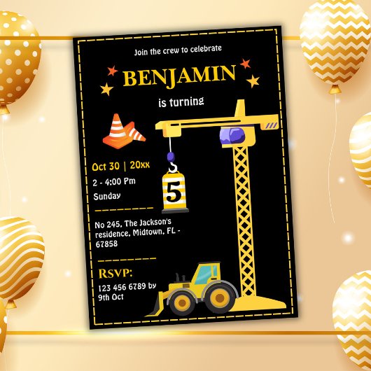 Invitation Simple mignon camion de construction enfants 5e an