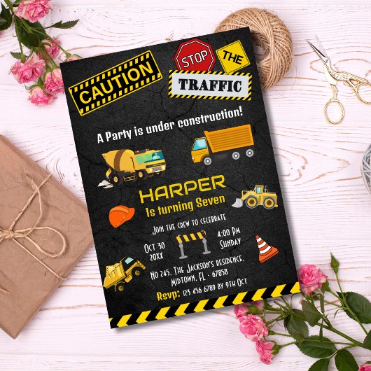 Invitation Simple mignon camion de construction enfants 7e an