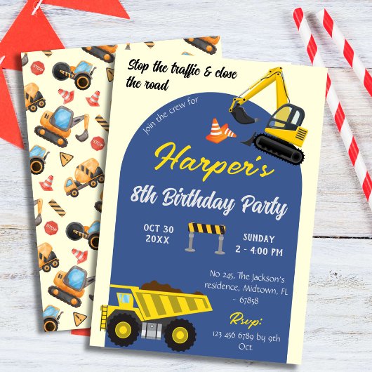 Invitation Simple mignon camion de construction enfants 8e an