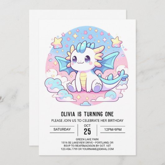 Invitation Simple mignon Dragon 1er anniversaire (Devant / Derrière)