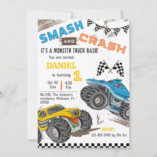 Invitation Simple mignon moderne camion monstre enfant 1er an (Devant)