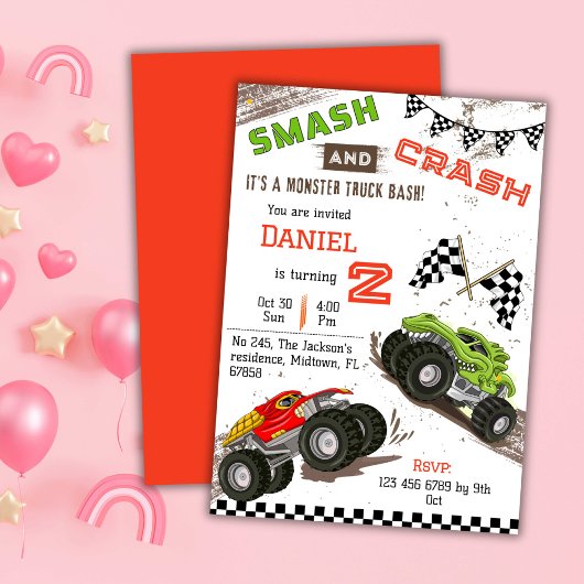 Invitation Simple mignon moderne camion monstre enfant 2e ann