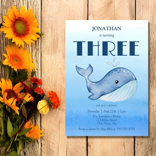 Invitation Simple mignonne Baleine Bleue Mer 3ème anniversair