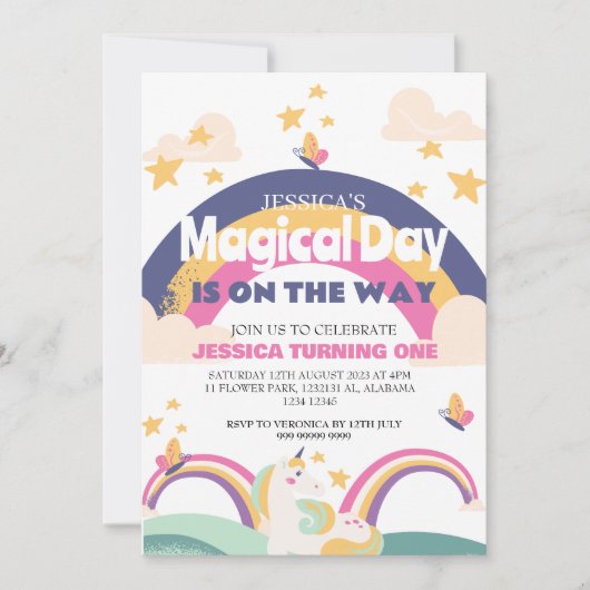 Invitation Simple mignonne fille rose licorne premier anniver (Devant)