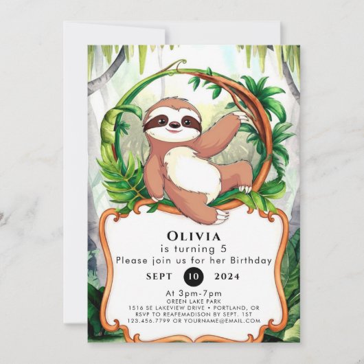 Invitation Simple mignonne Sloth Anniversaire (Devant)