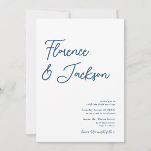 Invitation Simple Minimal Mariage Photo Bleu Manuscrit