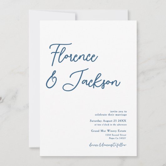 Invitation Simple Minimal Mariage Photo Bleu Manuscrit (Devant)