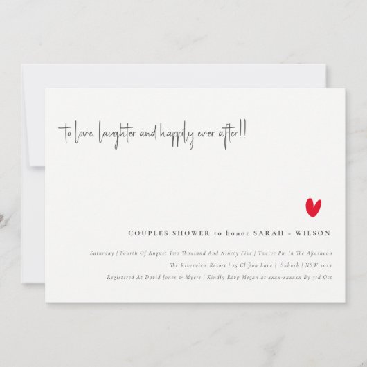 Invitation Simple Minimal Rouge Coeur Script Couples Douche (Devant)