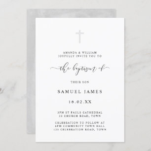Invitation Simple minimaliste Aquarelle classique Baptême gri