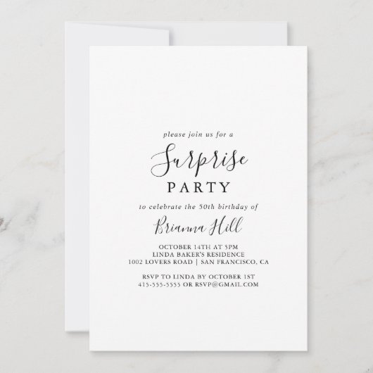 Invitation Simple minimaliste Parti surprise (Devant)
