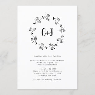Invitation Simple minimaliste Wreath Russe Monogram Mariage