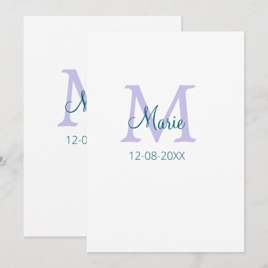 Invitation simple minimum ajouter nom monogramme violet vert  (Devant / Derrière)
