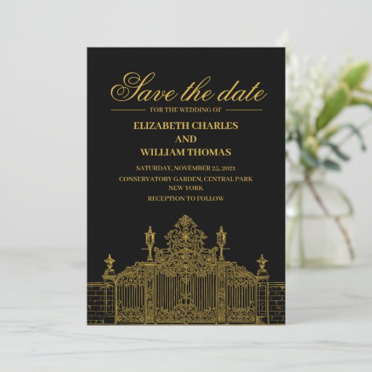 Invitation Simple Modern Black & Gold Enregistrer La Date (Debout devant)