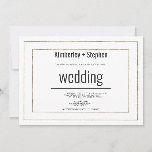 Invitation Simple modern black white gold typography wedding (Devant)