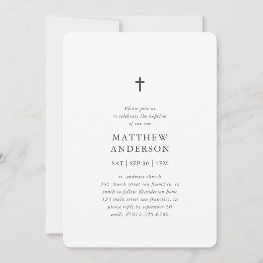 Invitation Simple Modern Elegant Cross Baby Boy Baptism (Devant)