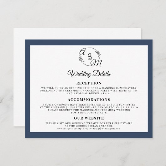 Invitation Simple Modern Elegant Marine Blue Détails Mariage (Devant / Derrière)
