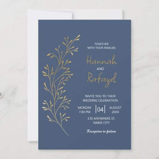Invitation Simple Modern Gold Leaf Blue Wedding (Devant)