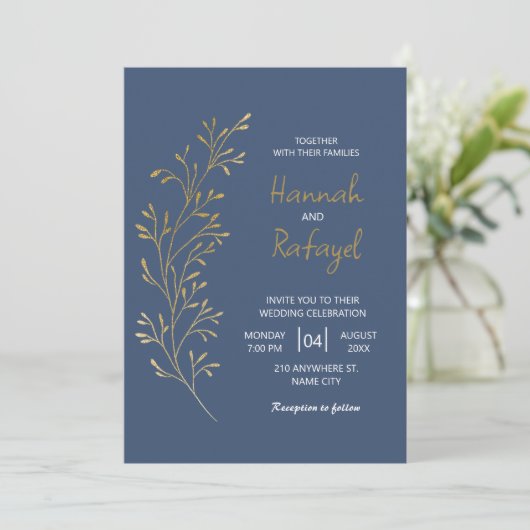 Invitation Simple Modern Gold Leaf Blue Wedding (Debout devant)