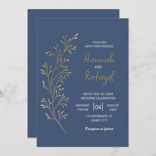 Invitation Simple Modern Gold Leaf Blue Wedding (Devant / Derrière)