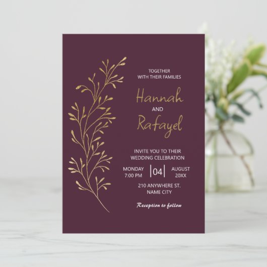 Invitation Simple Modern Gold Leaf Burgundy Wedding (Debout devant)