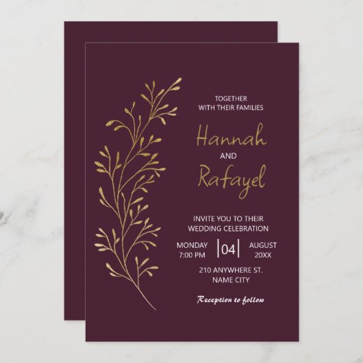 Invitation Simple Modern Gold Leaf Burgundy Wedding (Devant / Derrière)