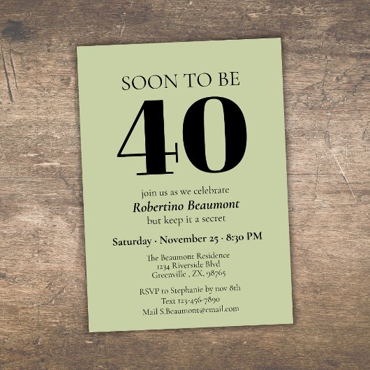 Invitation Simple Modern Green Surprise 40th Birthday Party
