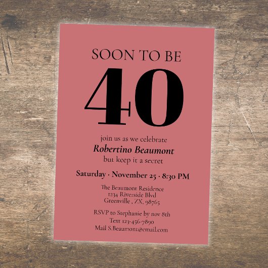 Invitation Simple Modern Red Surprise 40th Birthday Party