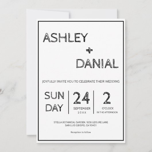 Invitation Simple Modern Sketch Script noir Mariage blanc (Devant)