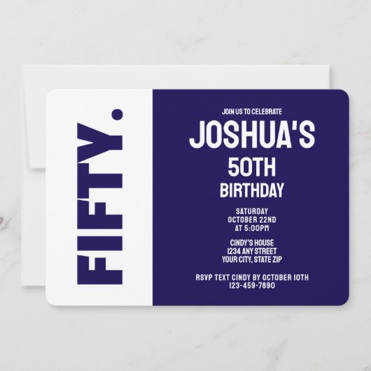 Invitation Simple Moderne Anniversaire 50 Ans Bleu Et Blanc (Devant)