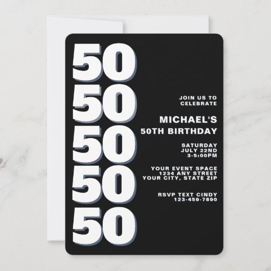 Invitation Simple Moderne Anniversaire 50 Ans Noir et Blanc (Devant)