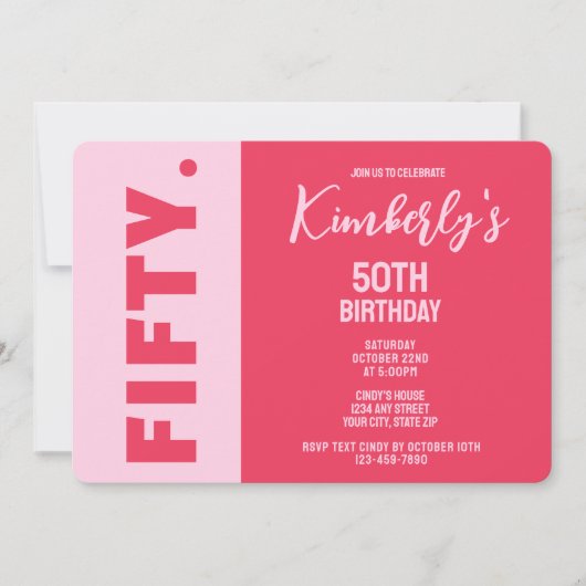 Invitation Simple Moderne Anniversaire 50 Ans Rose & Rouge Gr (Devant)