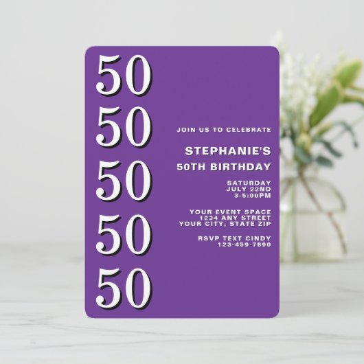 Invitation Simple Moderne Anniversaire 50 Ans Violet (Debout devant)