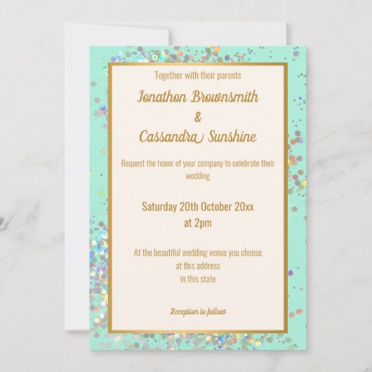 INVITATION SIMPLE MODERNE AQUA OR HOLOGRAPHIQUE PASTEL MARIAG (Devant)