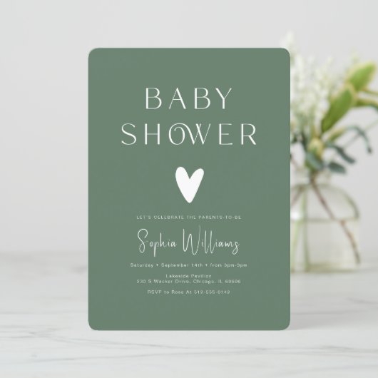 Invitation Simple Moderne Baby Shower Vert Sauge (Debout devant)