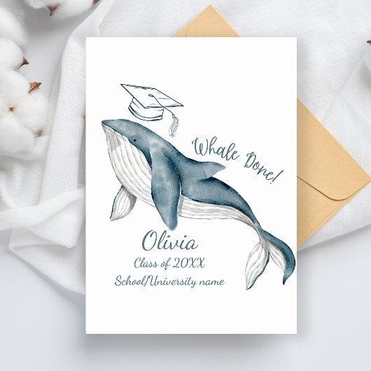 Invitation Simple Moderne Baleine Terminé Blanc Bleu Grad Fêt