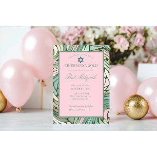 Invitation Simple Moderne Bat Mitzvah Rose et Vert