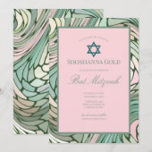 Invitation Simple Moderne Bat Mitzvah Rose et Vert (Devant / Derrière)