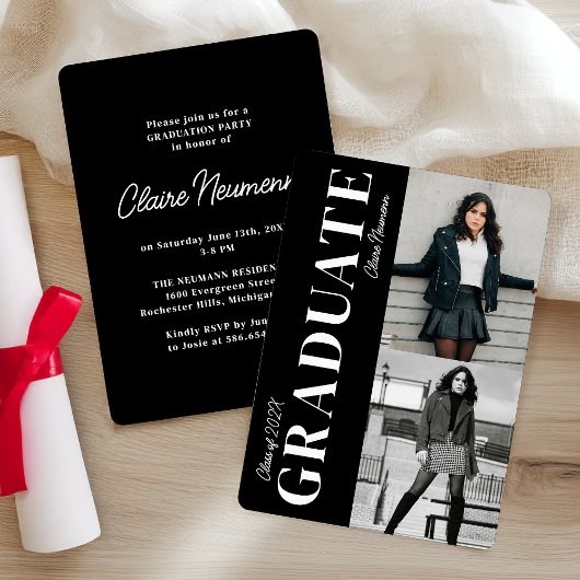 Invitation Simple moderne Black Photo Collage Party Graduatio