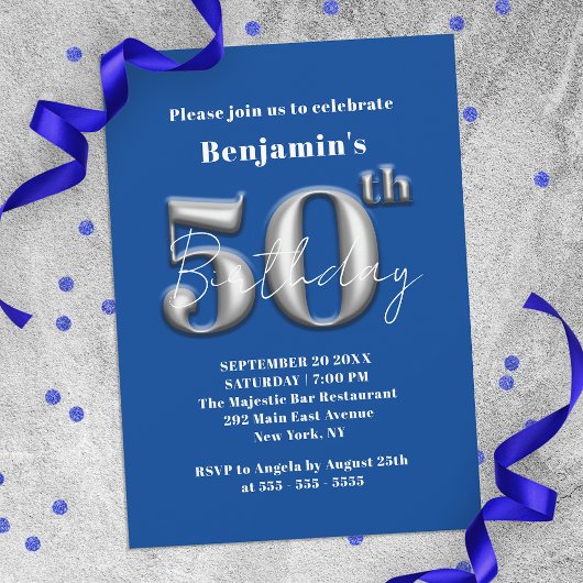 Invitation Simple moderne bleu et argent 50e anniversaire