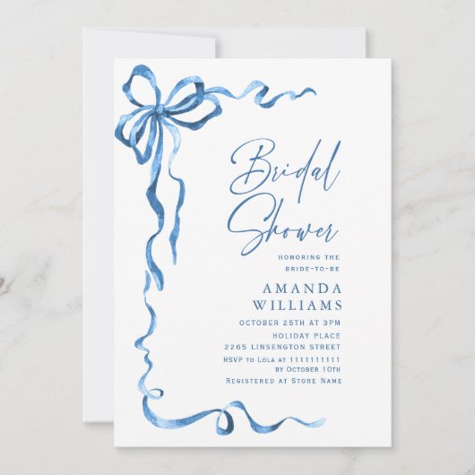Invitation Simple Moderne Bleu Main Tirée Bow Bridal Brunch (Devant)