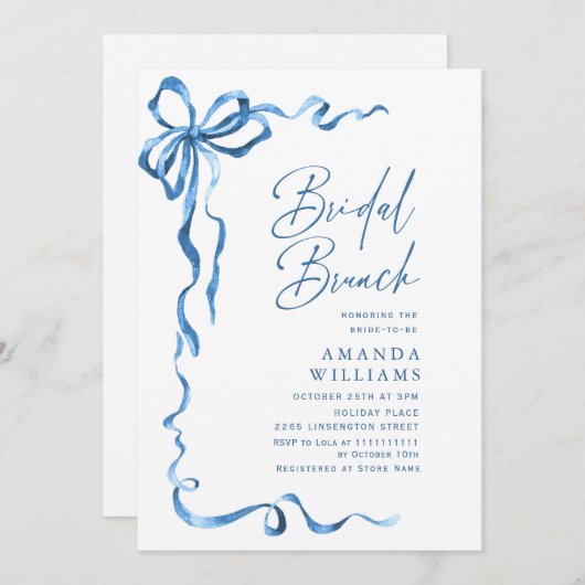 Invitation Simple Moderne Bleu Main Tirée Bow Bridal Brunch (Devant / Derrière)